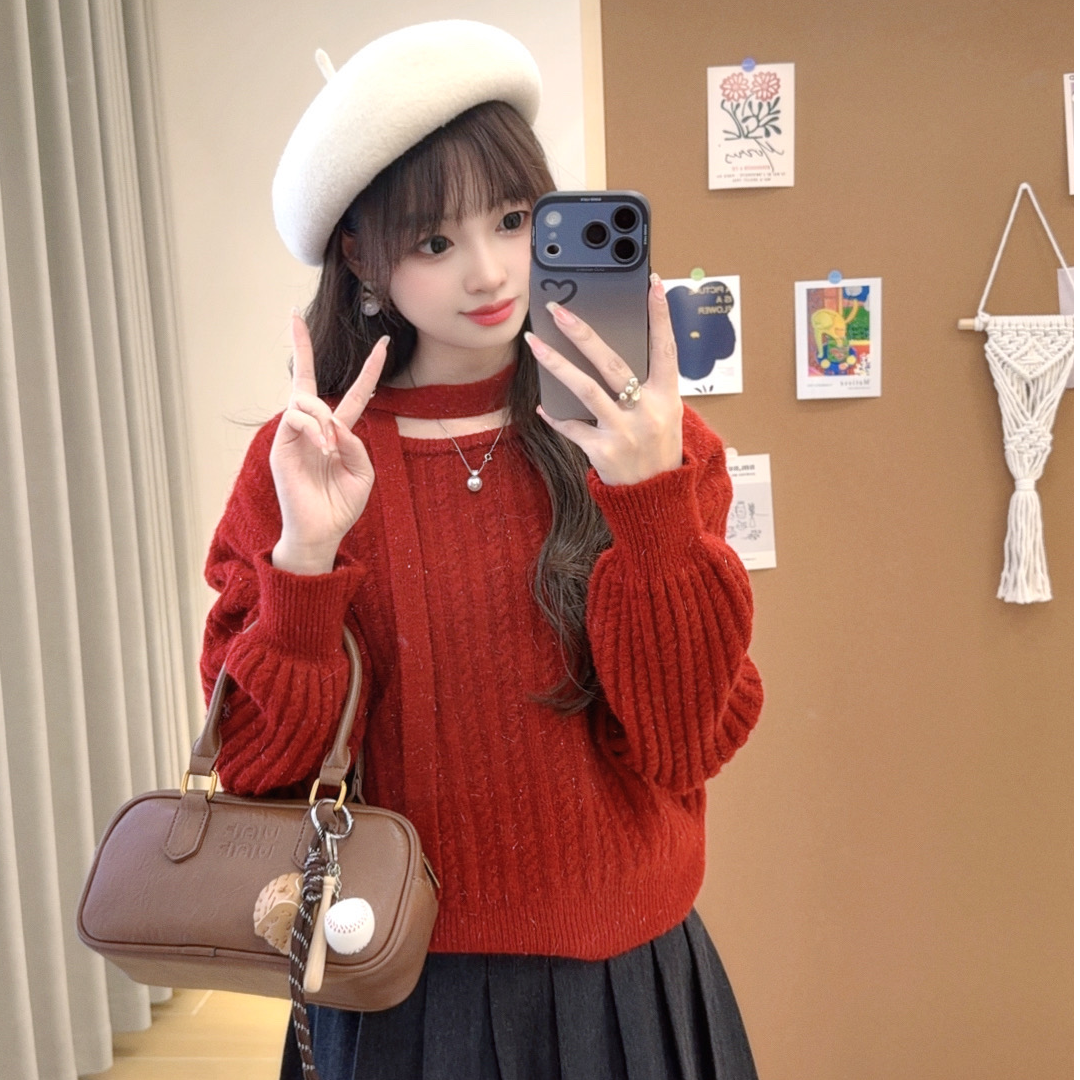 西米家【雪落红城】小个子设计感红色毛衣女秋冬宽松慵懒法式上衣