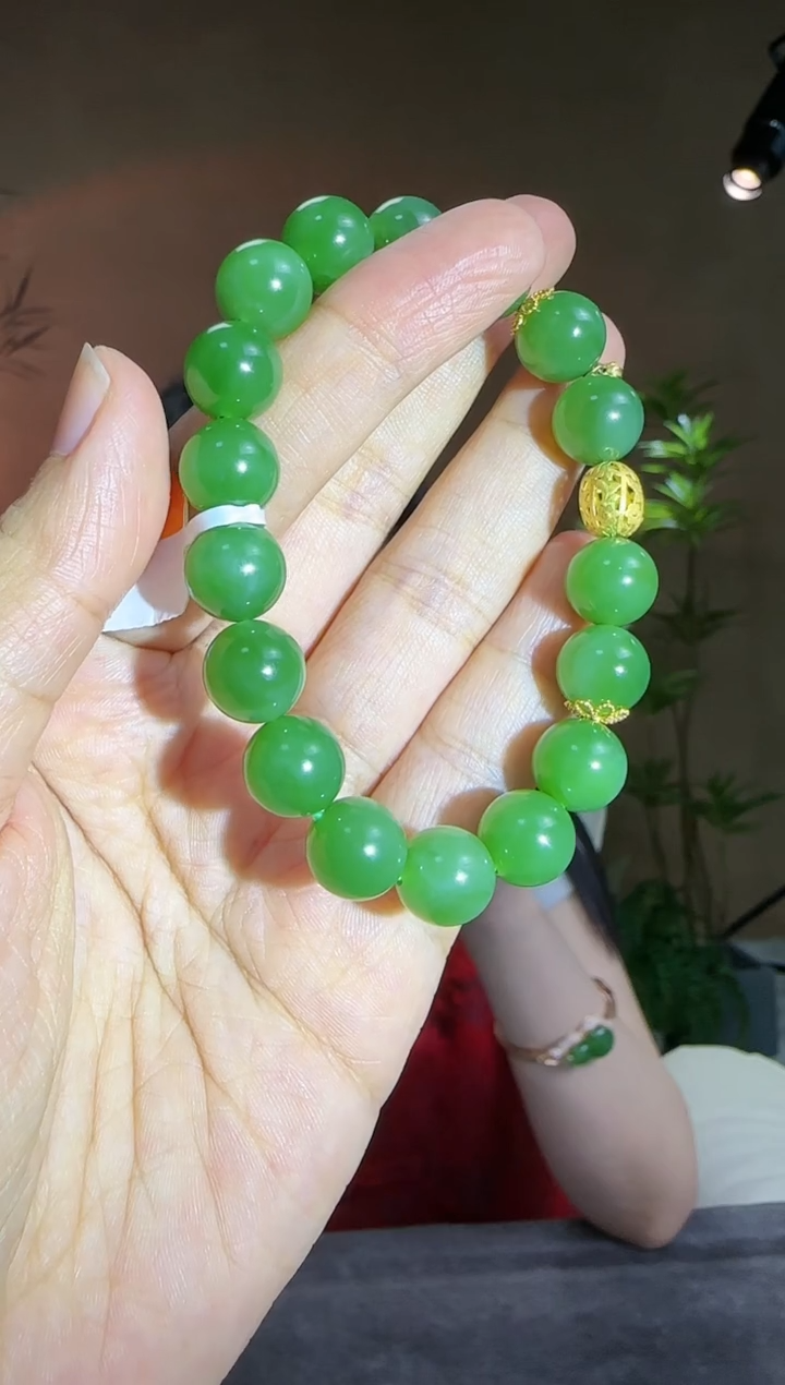 【闪购商品】和田玉手串18K金镶嵌18K金10mm碧玉猫眼手串