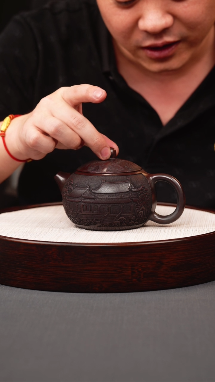 茶壶紫砂古红泥刻绘西施