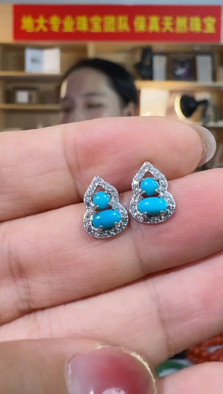 银S925镶嵌绿松石耳饰绿松石葫芦耳钉