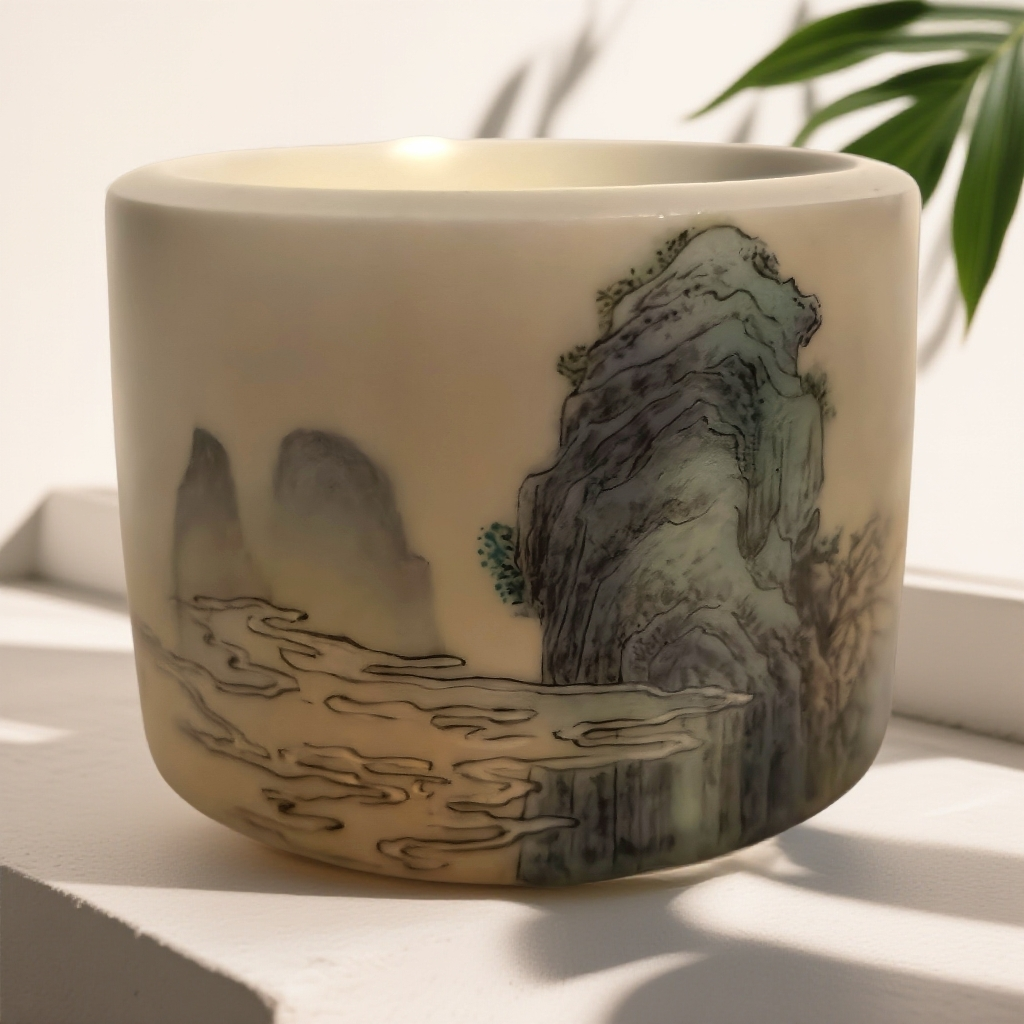 月明  纯手工 直筒釉上青绿山水茶杯 主人杯 景德镇陶瓷品茗杯