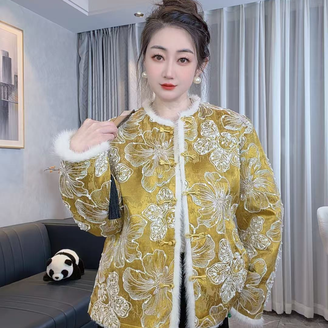 双面穿新中式冬季皮毛一体圆领上衣水貂毛新中式唐装提花外套S017