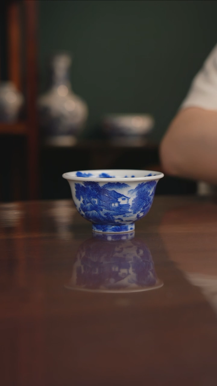 晓月柴窑 山水压手杯