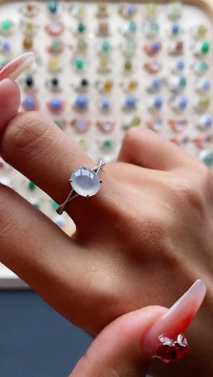 【闪购商品】翡翠戒指银S925镶嵌缅甸天然A货翡翠111 7+10