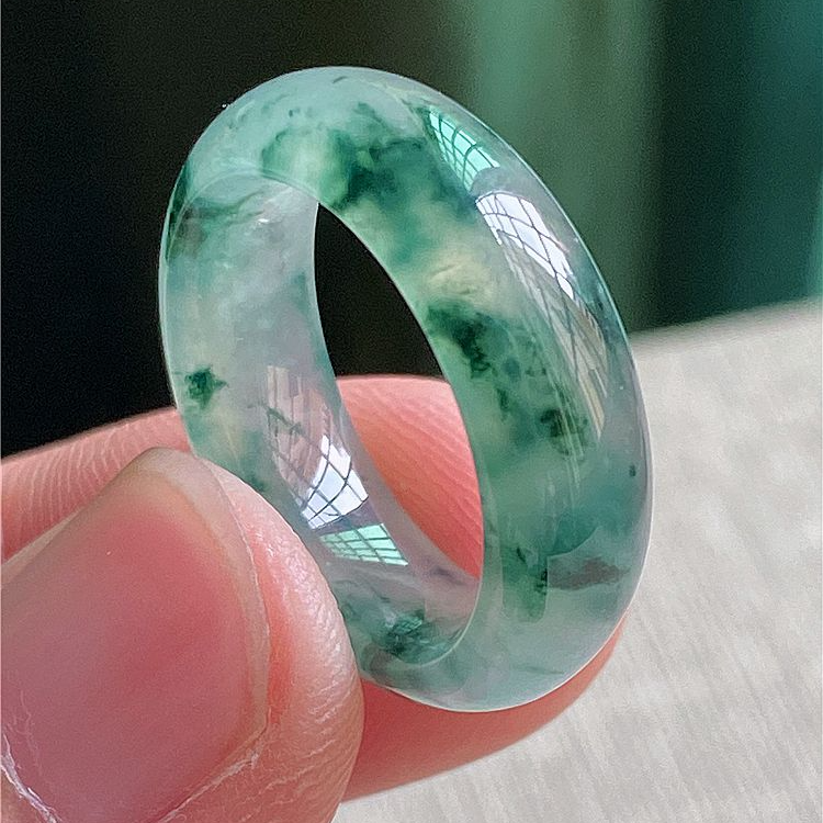 13号圈口冰种水墨蓝花翡翠戒指 缅甸天然A货玉戒圈内径16.6mm