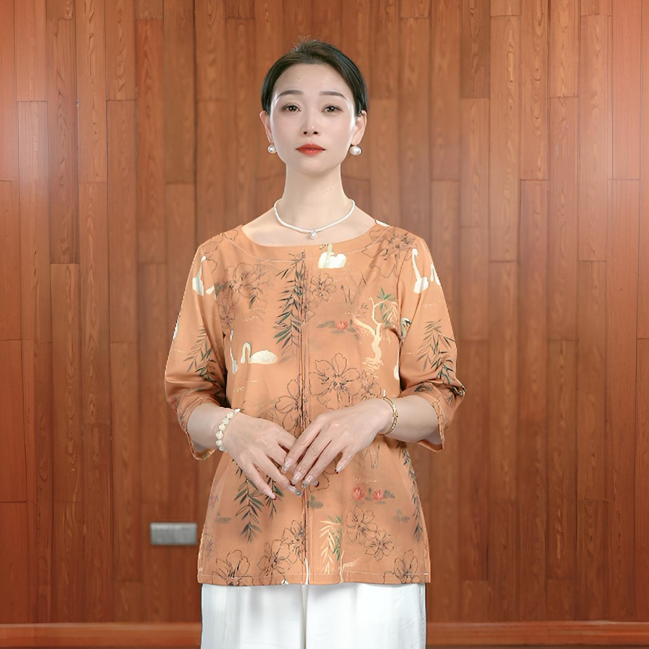 608中国风妈妈装短袖小衫复古圆领中袖中老年t恤上衣