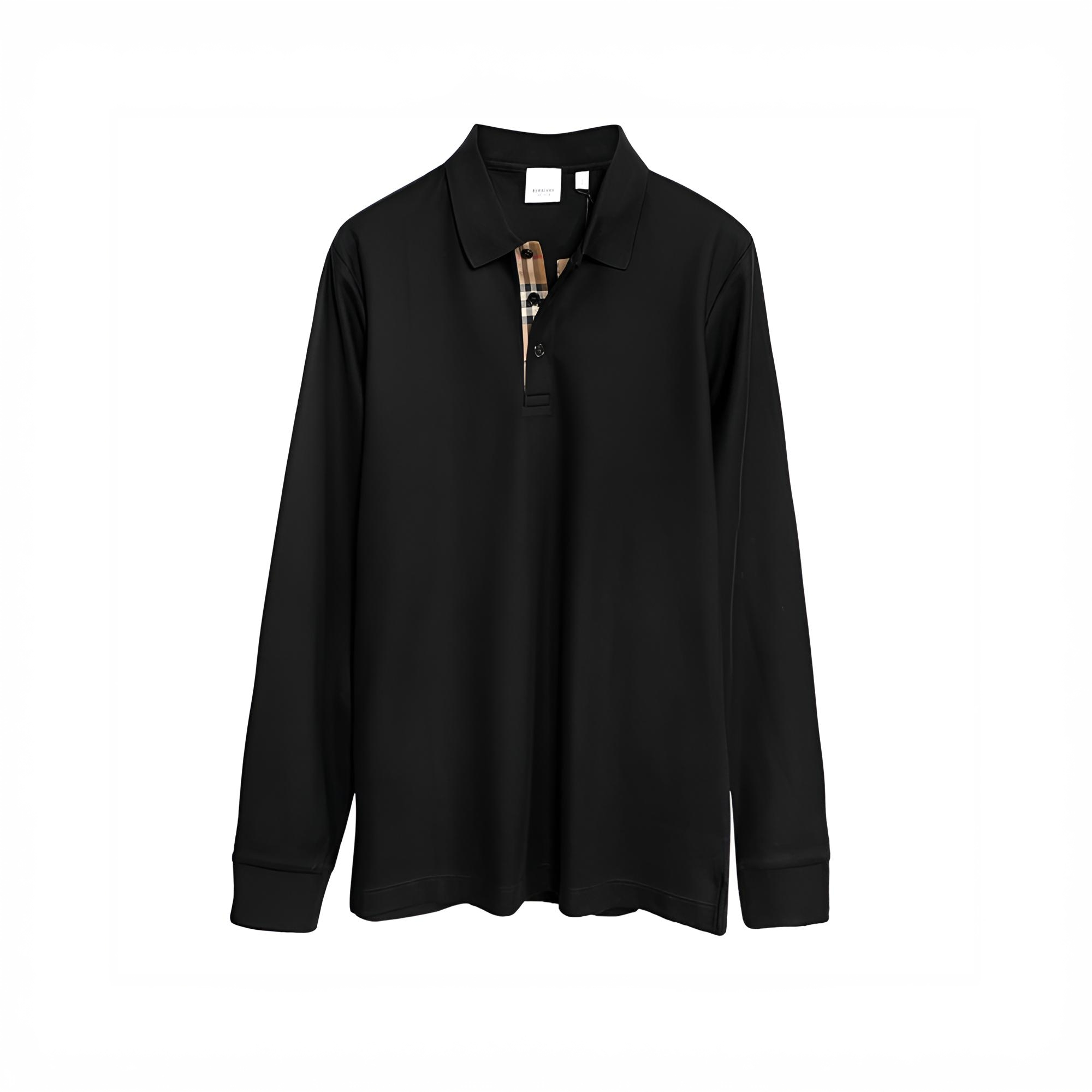 BURBERRY/博柏利FW24 纯色门襟格纹长袖Polo衫 黑白色 yyz