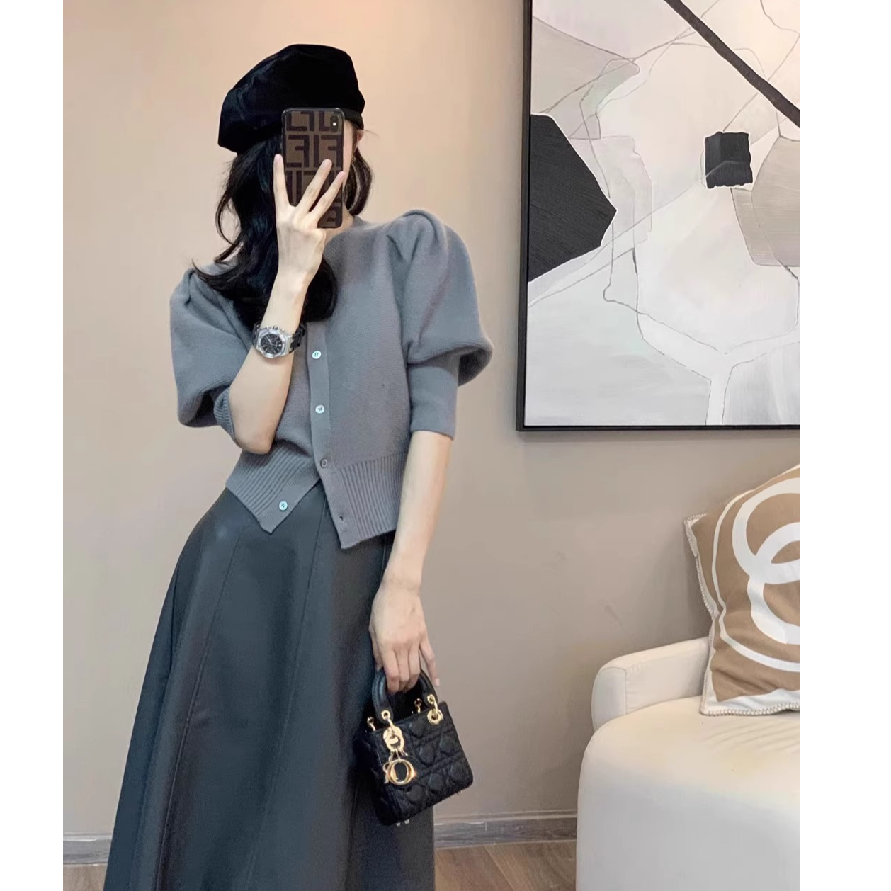 【现货】针织开衫外套女2025春夏新款日系慵懒风宽松泡泡袖毛衣上衣