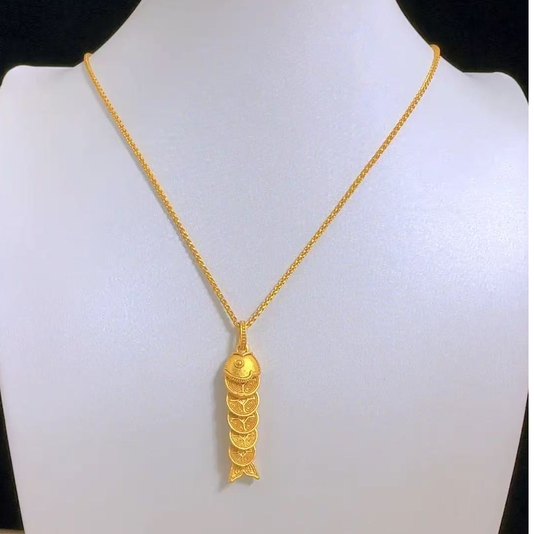 铜合金项链 五帝钱锦鲤小鱼项链新中式金币时尚转运珠锁骨链