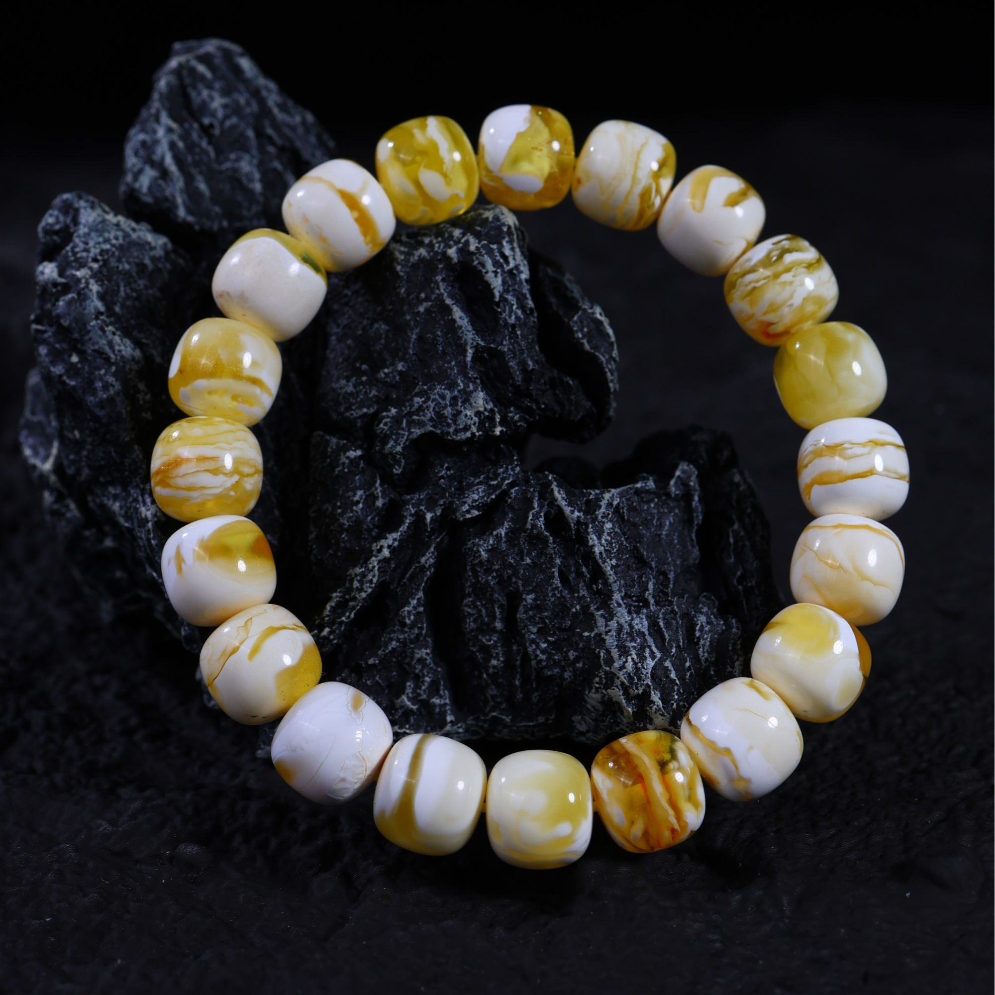 11mm+金瓷白虎皮溶洞妖精工老型蜜蜡手串文玩潮流轻奢单圈H339