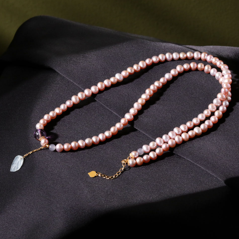 【意婵】《紫气》天然强光粉紫珍珠18k金水晶和田玉翡翠-912324