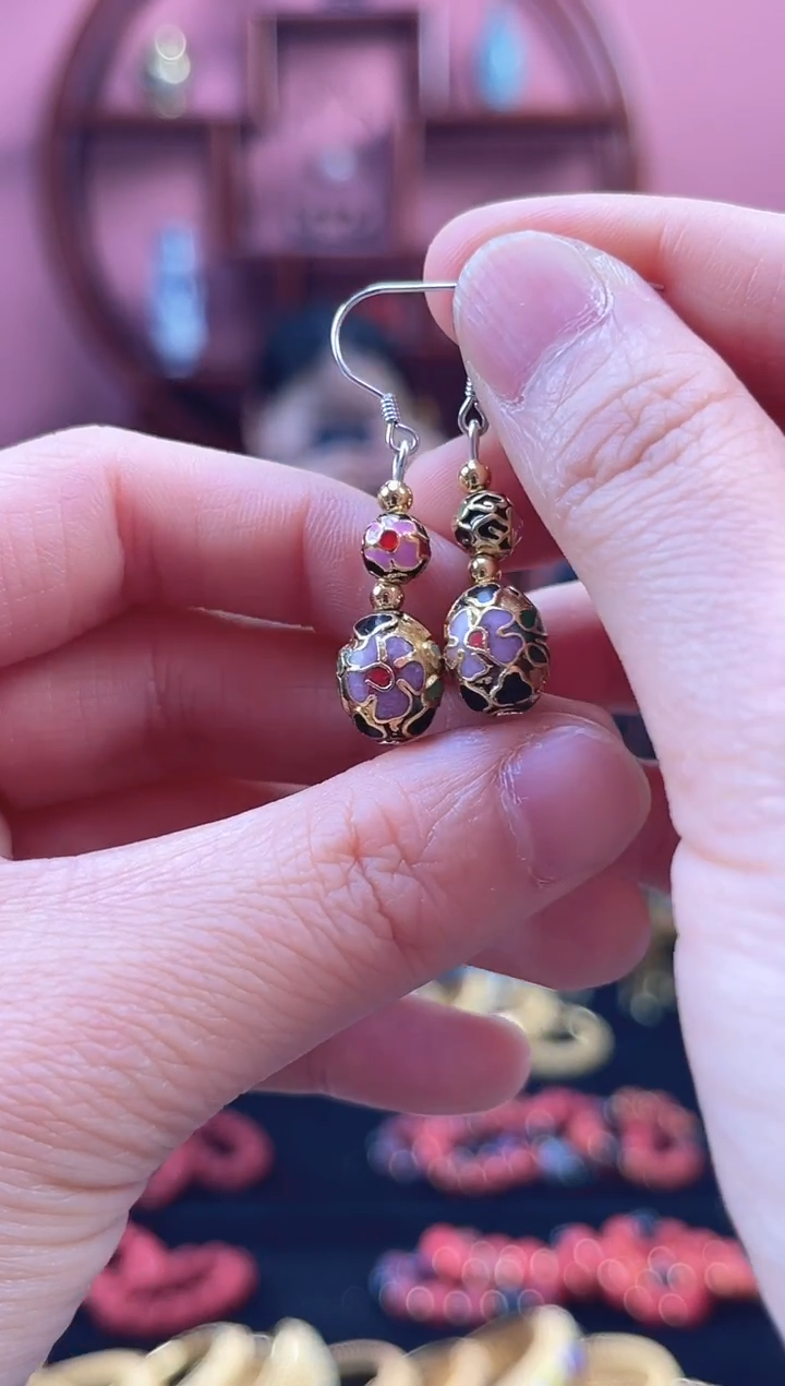 非遗 景泰蓝金地 耳环 枣珠 黑色