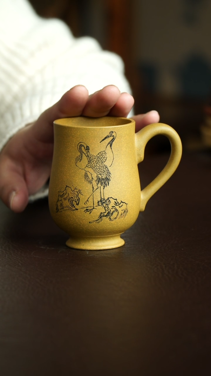 茶杯紫砂21号 新品黄金段仙鹤把杯 宜兴紫砂原矿作品