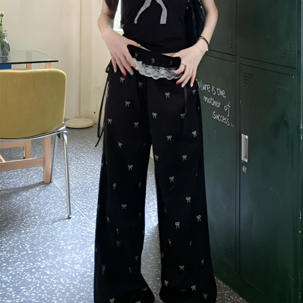 蕾丝拼接蝴蝶结碎花休闲裤女夏季新款韩系设计感高腰阔腿拖地长裤