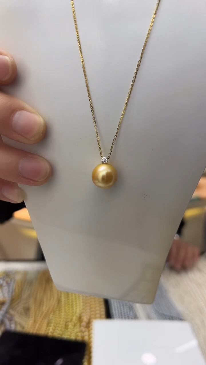 无吊坠925银【飛梵18】13-14正圆极光浓金几乎无暇戴妃款吊坠