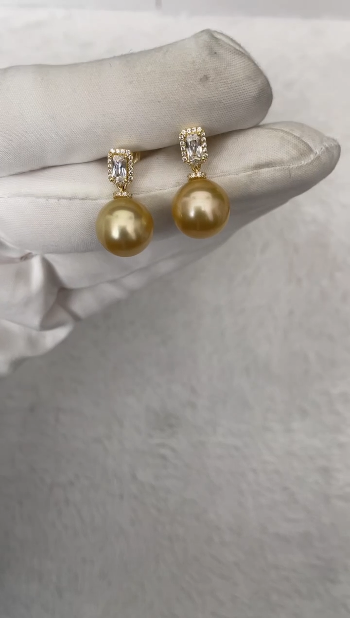 【闪购商品】海水珍珠耳饰银S925镶嵌南洋金珠方糖款12-13mm