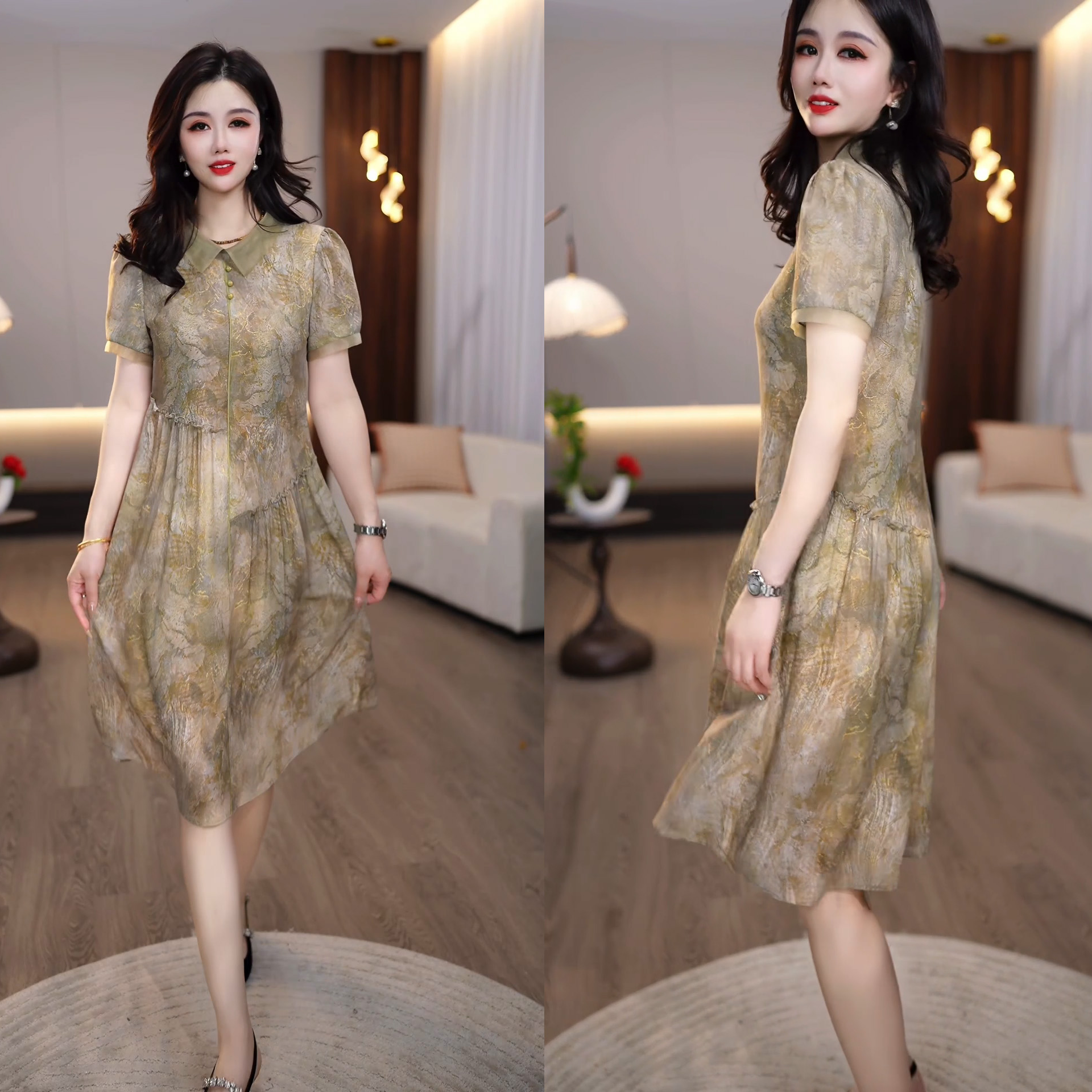 2025夏季新款气质绿小众花纹宽松休闲亲肤女士连衣裙M-4XL
