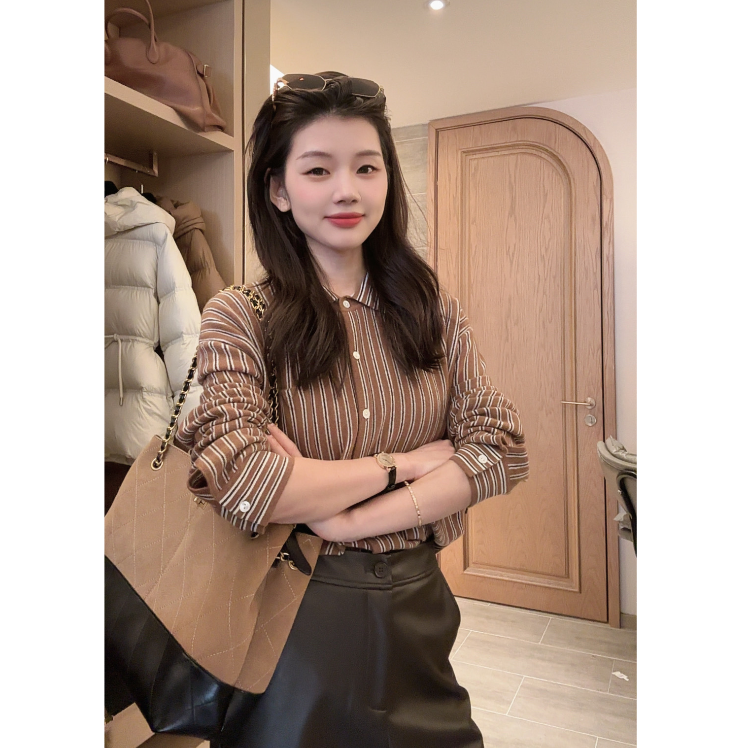 【隐线集】''100%绵羊毛针织竖条纹翻领衬衫上衣