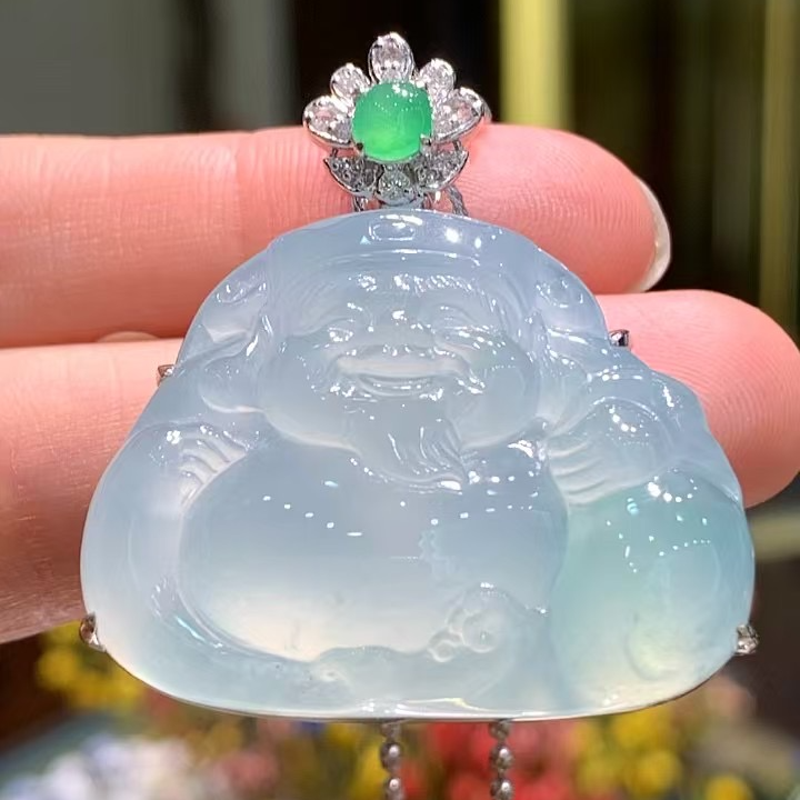 天然A货缅甸翡翠18K金镶嵌水润饱满冰透财神爷吊坠882217