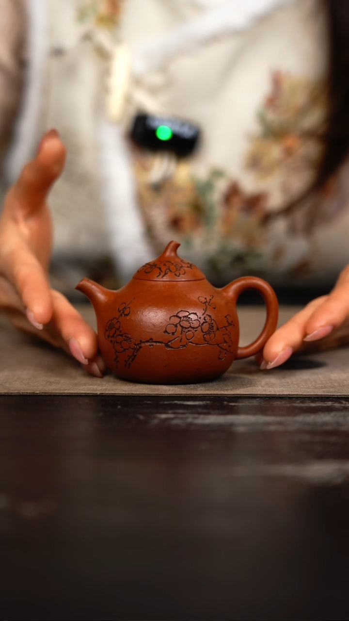 茶壶紫砂老朱泥刻绘茄瓜