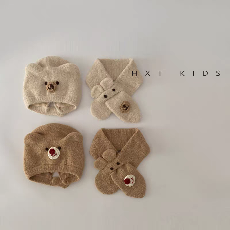 婴儿帽子围巾二件套冬季超萌可爱小熊护耳帽婴幼儿宝宝冬天毛绒帽