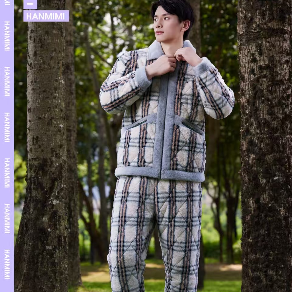 韩蜜蜜冬款男士格子加绒翻领对襟兔貂绒加厚夹棉睡衣家居服702870