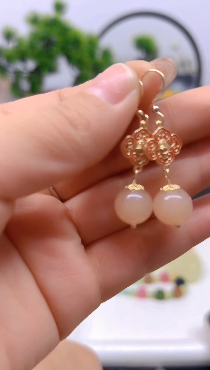 【闪购商品】和田玉耳饰14K金镶嵌耳饰E682