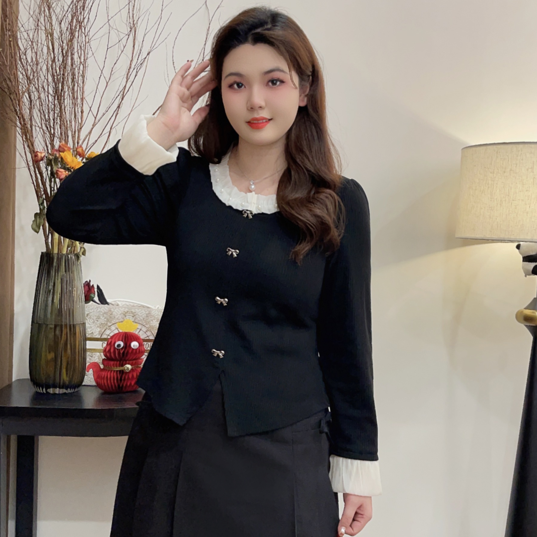 新款春季大码女装温柔拼接针织上衣宽松显瘦气质法式洋气设计感