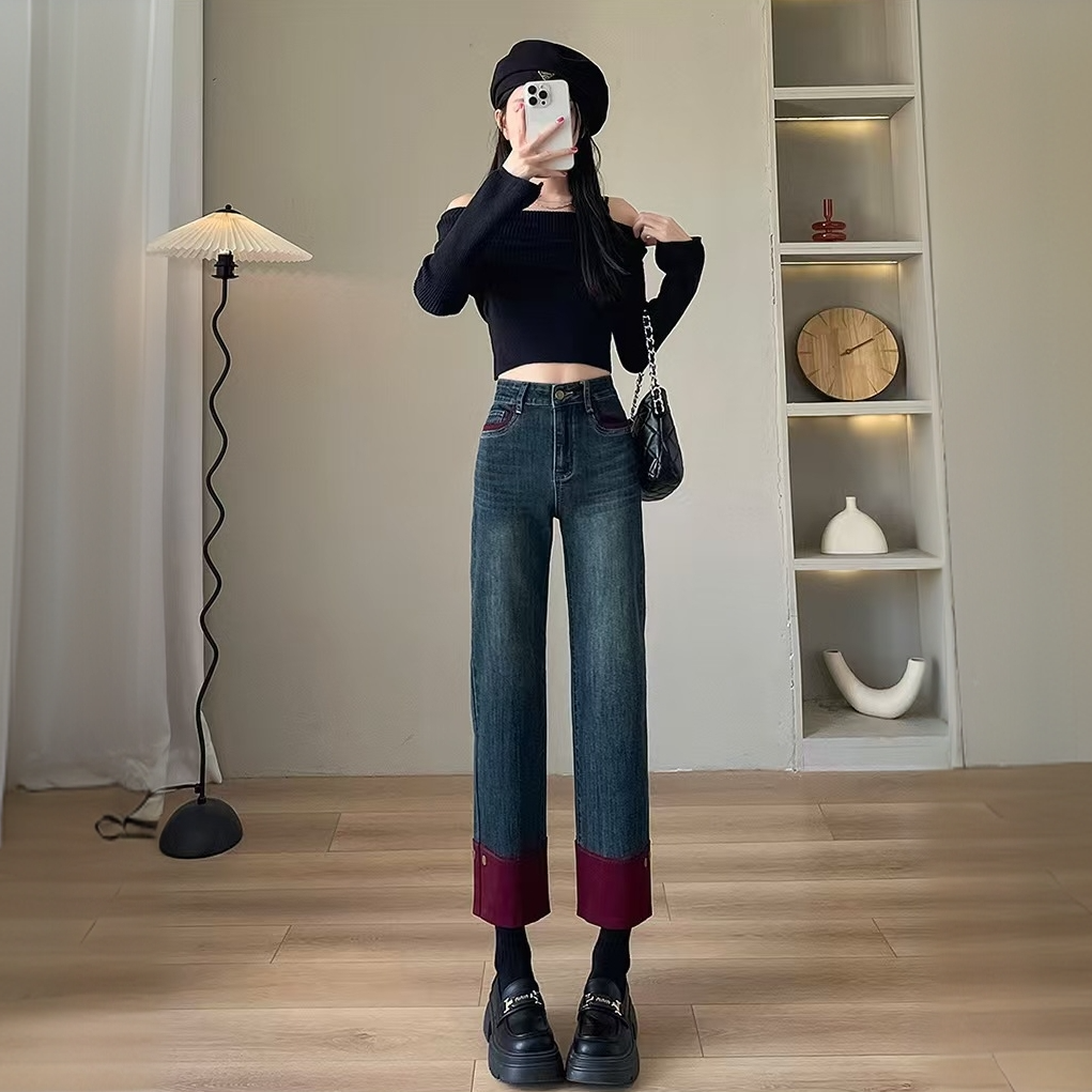 【2857-1】复古设计感拼色直筒牛仔裤女春秋显瘦百搭气质九分烟管裤