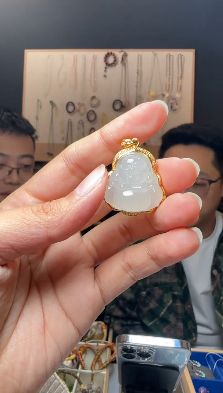 【闪购商品】和田玉吊坠(不含链)18K金镶嵌约22*22mm高品质白玉佛公