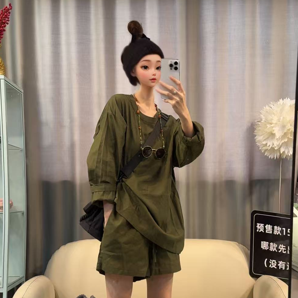 【文乐乐】夏季新款韩版松弛慵懒风时尚休闲潮流短袖T恤套装88797