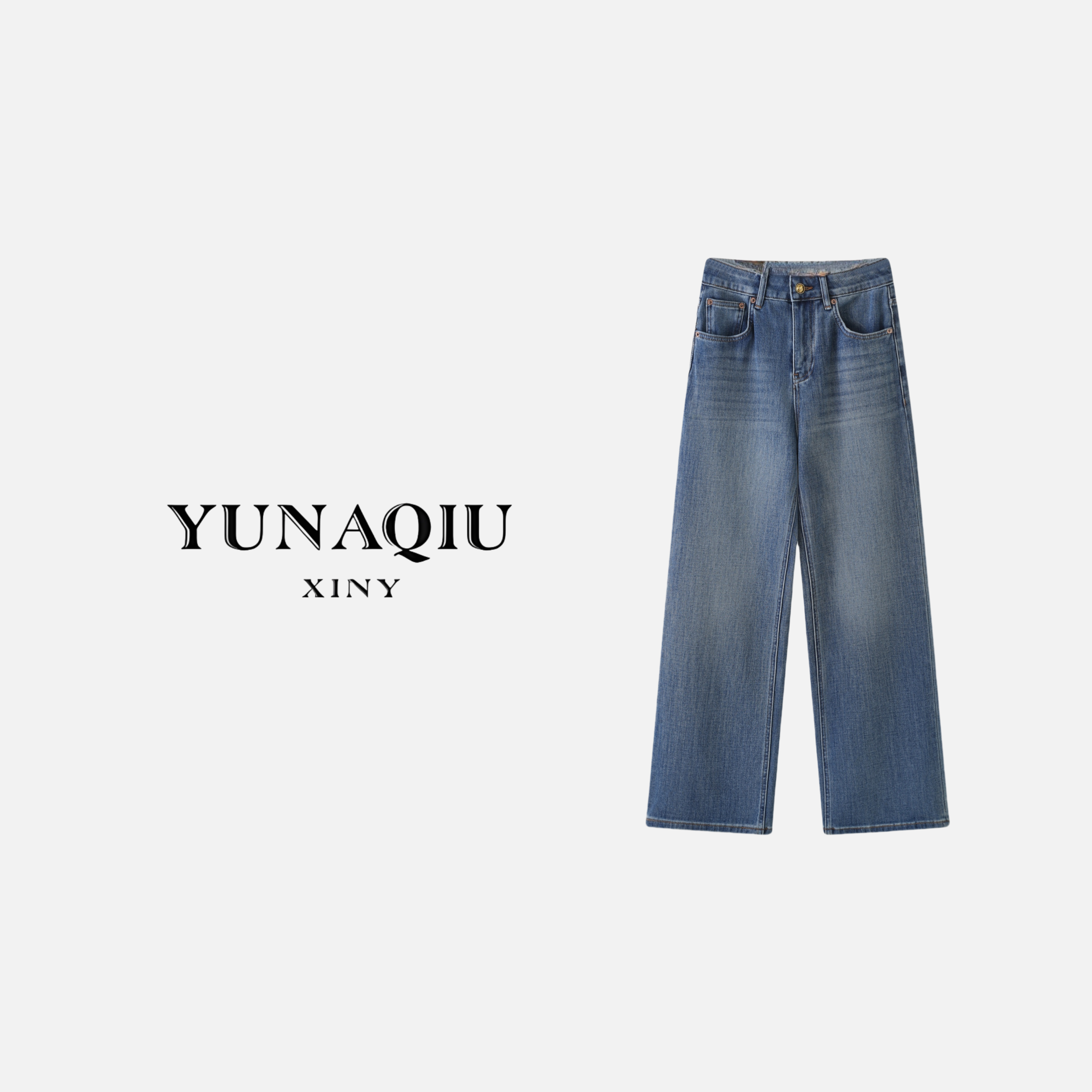 YUNAQIU-直筒复古宽松水洗做旧牛仔裤-9556