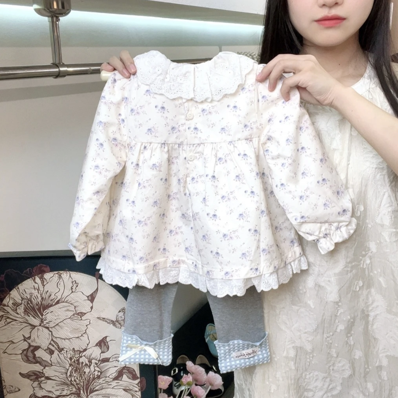 【早秋新品】女童打底裤2025新款可爱蓝格子拼接卷边法式长裤百搭