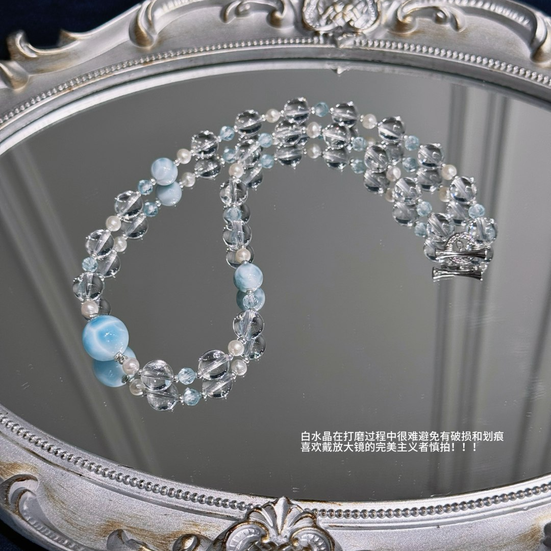 【海洋之心】9mm白水晶海纹石+13mm海纹石+珍珠托帕石 925银项链