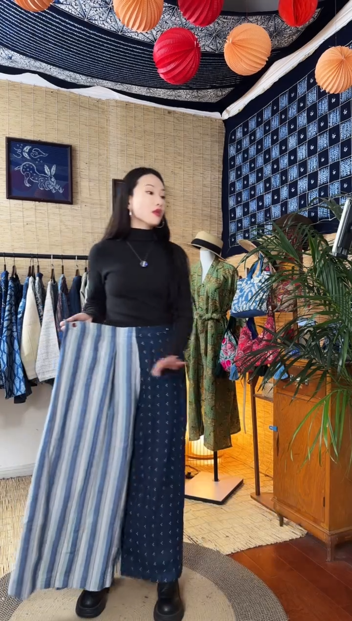 【闪购商品】设计师款条纹蓝AB裤裙