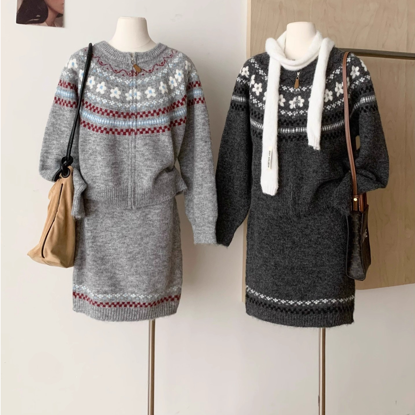 MISU/糜素毛衣针织套装女圆领宽松长袖外套高腰针织半身裙两件套