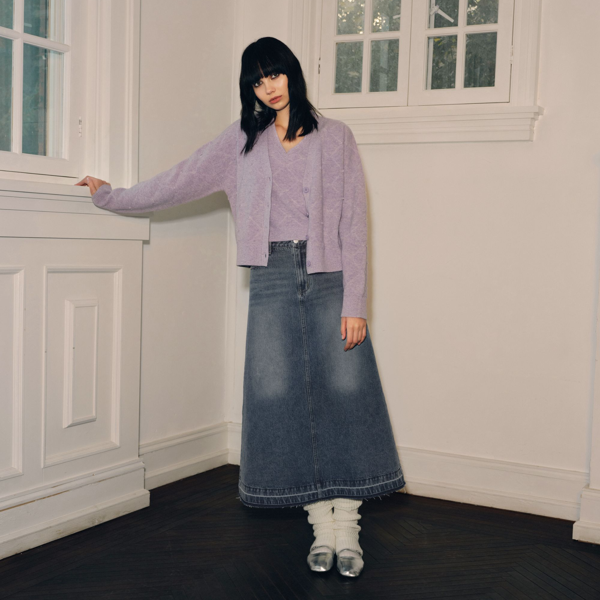 高级感灰紫美丽诺气质时尚针织开衫女春新款v领上衣