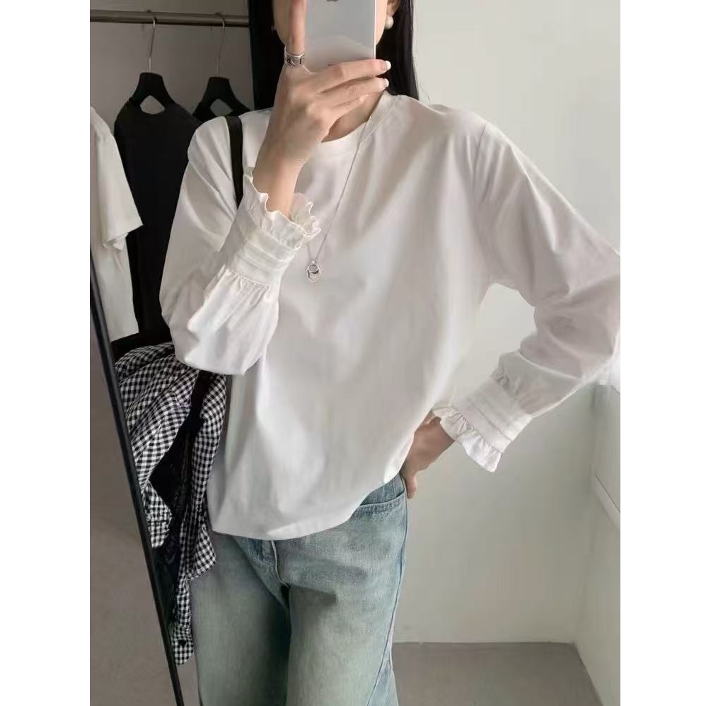 HSTYLE/韩都衣舍设计感小众百褶风琴袖拼接圆领长袖打底衫 324-13