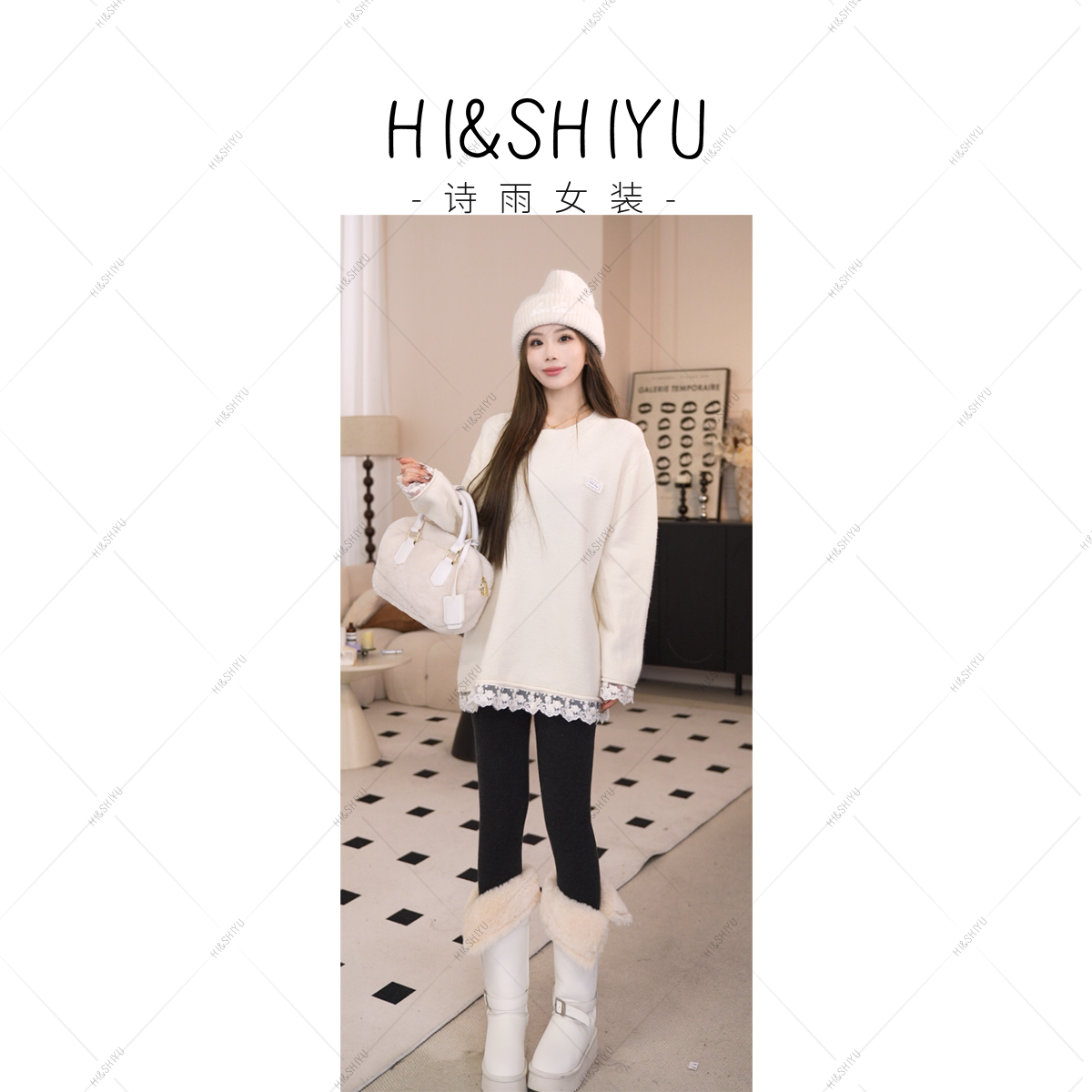 HISHIYU【小奶芙】假两件蕾丝边长袖宽松针织衫打底上衣