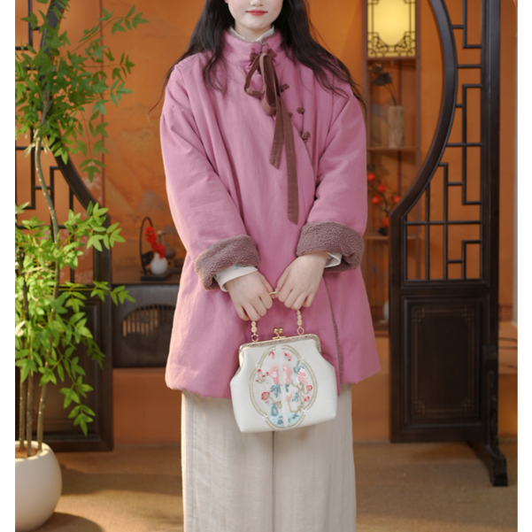 蝴蝶结盘扣秋冬加厚亚麻羊羔毛棉服新中式宽松纯色保暖棉服6597