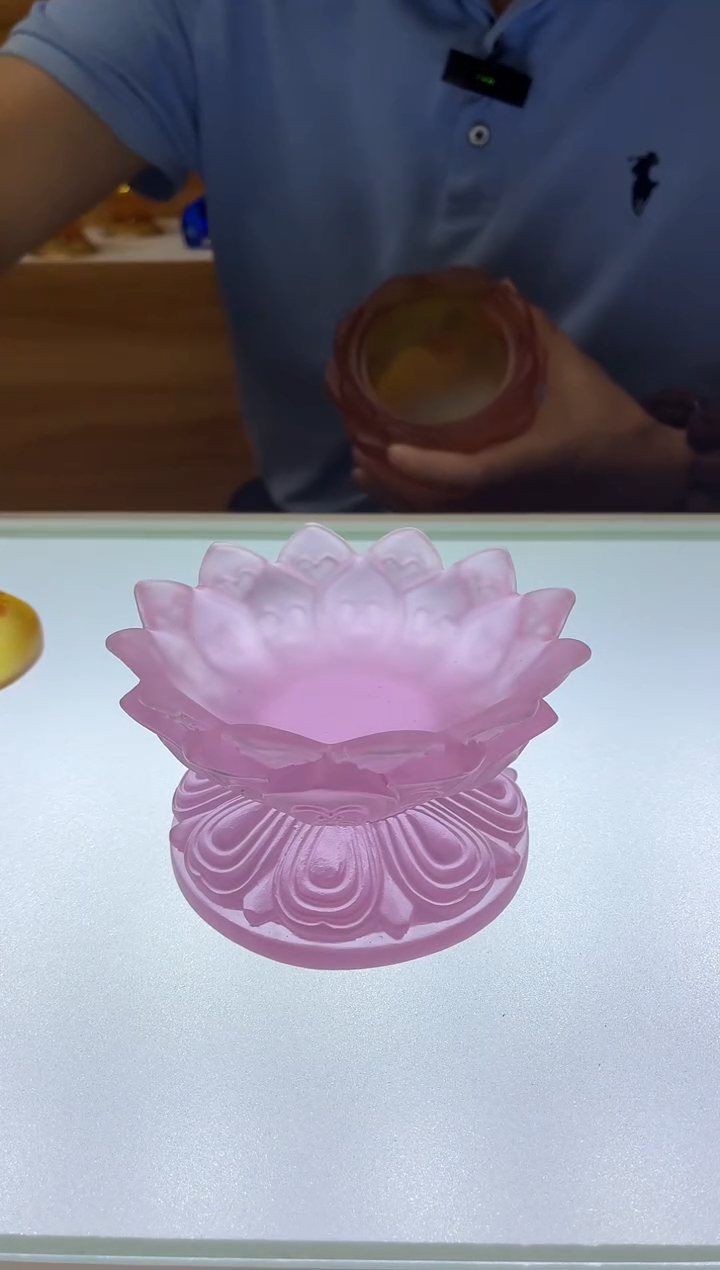 琉璃手工艺品古法琉璃莲花底座粉色