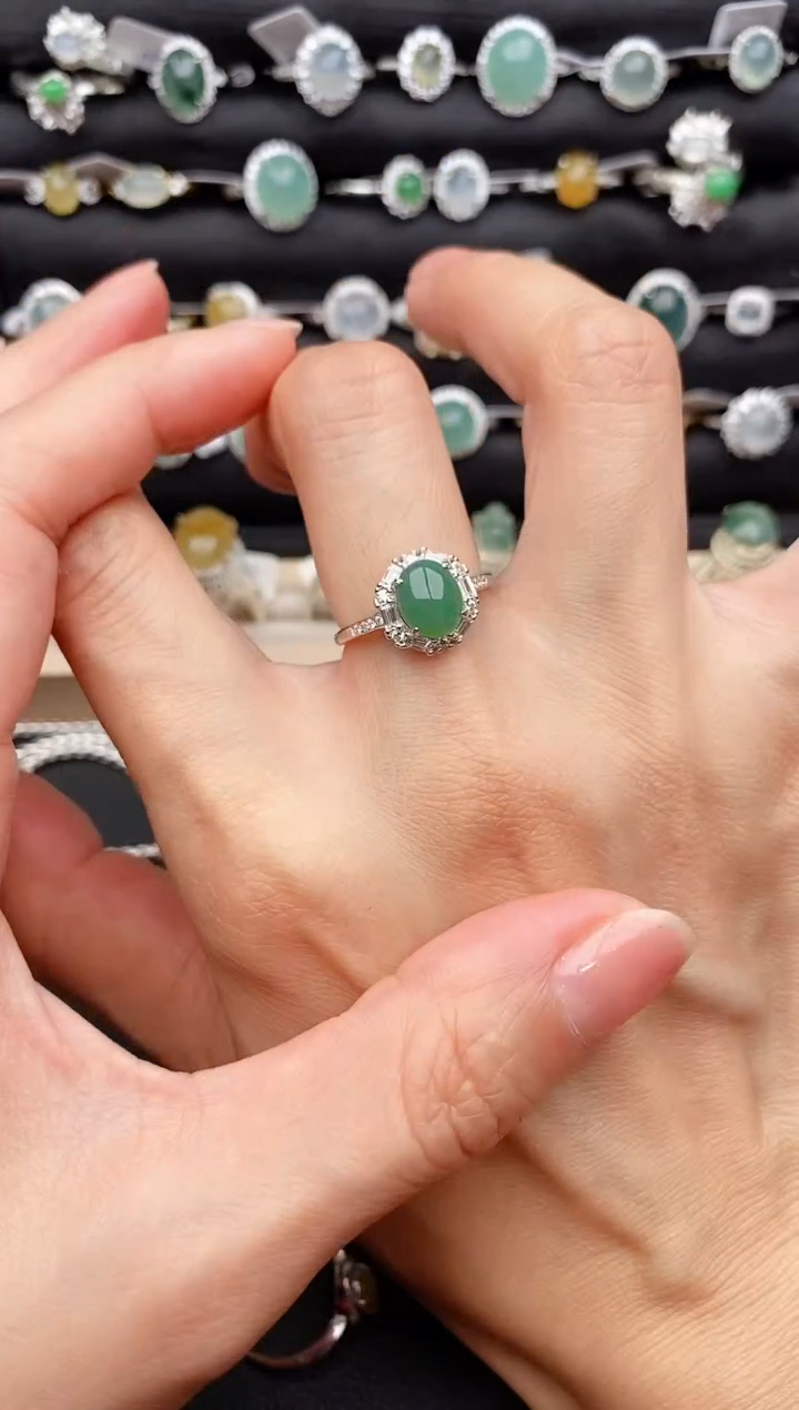 【闪购商品】翡翠戒指银S925镶嵌缅甸天然A货翡翠111   1-7