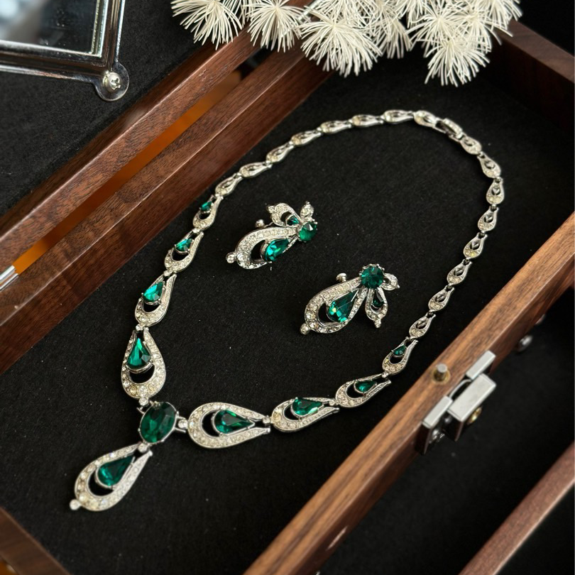 合金项链 vintage中古首饰 1950M ORA 祖母绿色水滴项链耳夹套