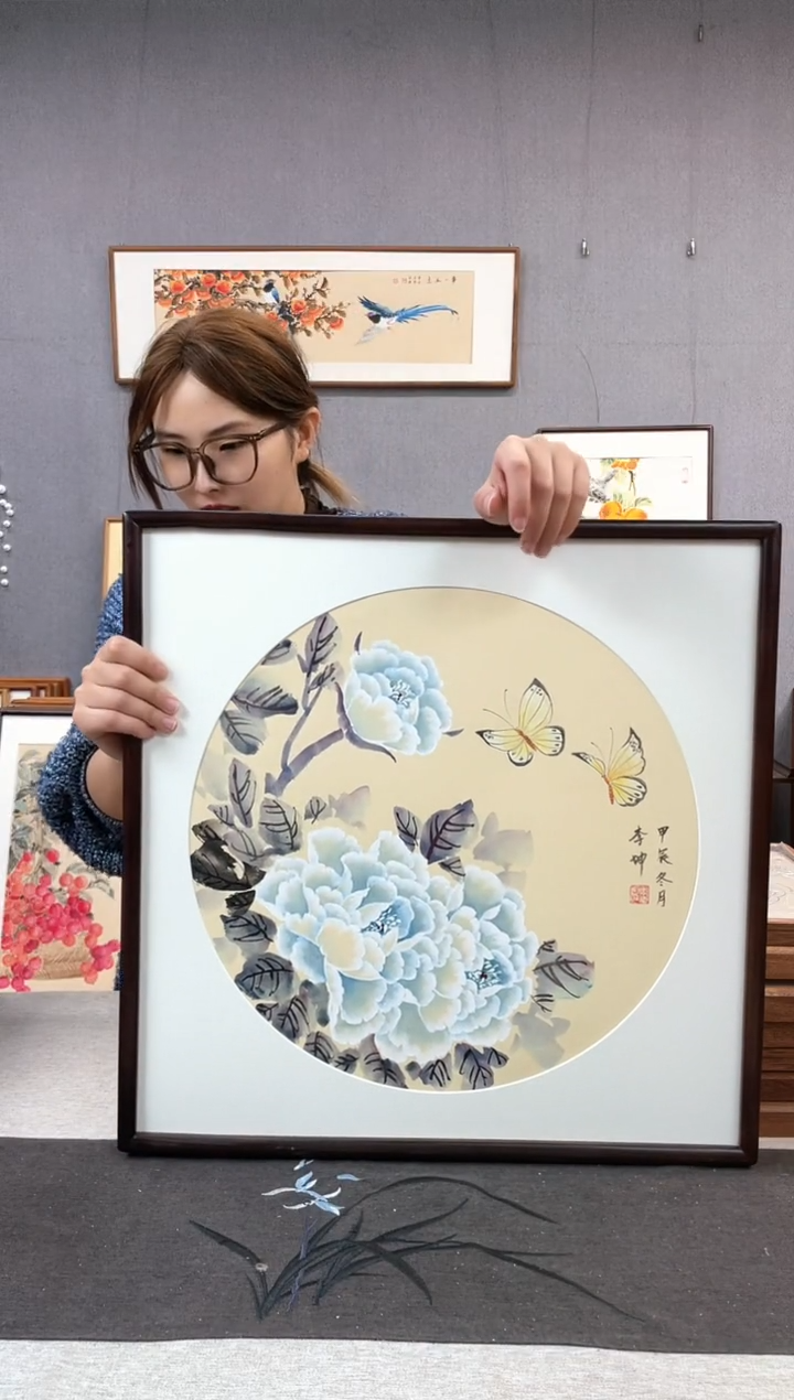 【闪购商品】国画李坤-手绘带框作品-53*53-牡丹