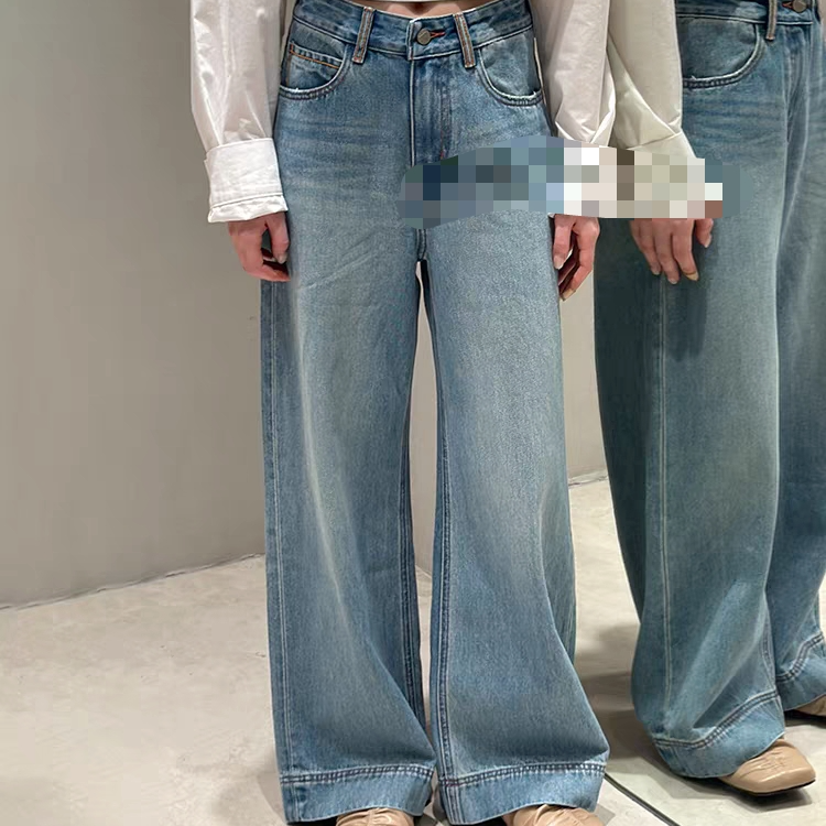 516夏季新款高腰显瘦蓝色无弹阔腿甩裤