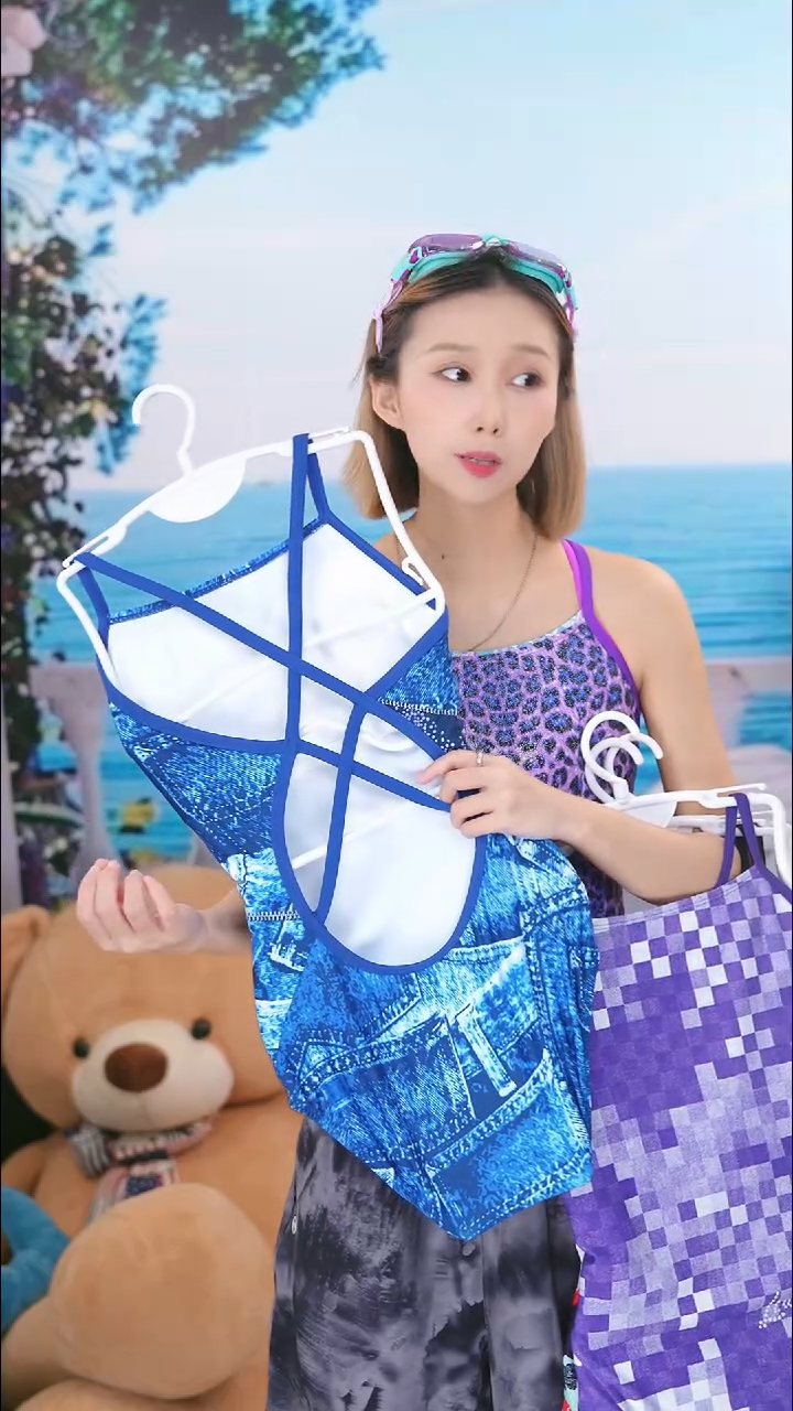氨纶三角连体泳衣?****✨鎏酸高街牛仔泳衣