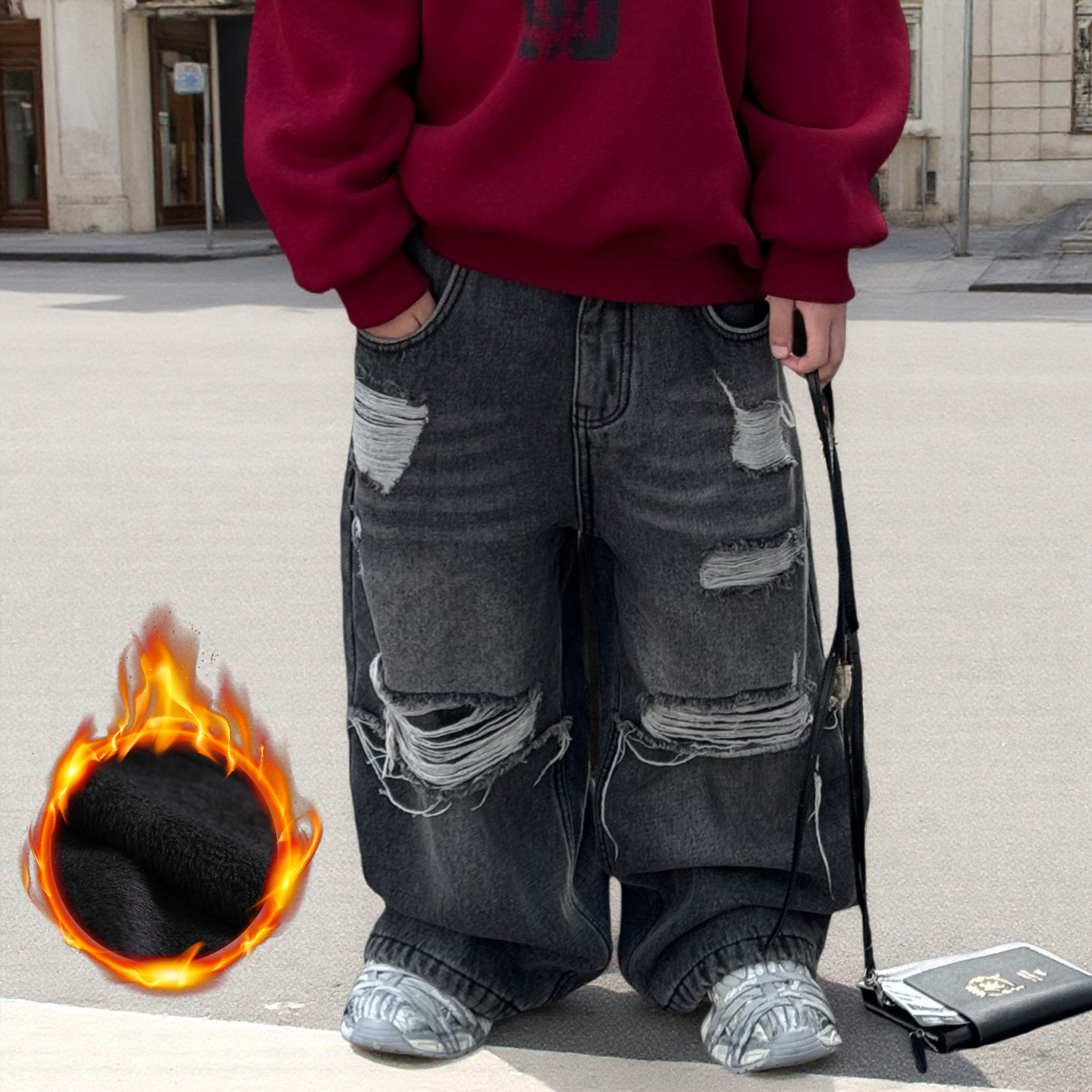 男童加绒牛仔裤冬季新2025款韩版儿童破洞加厚保暖牛仔裤男宝长裤