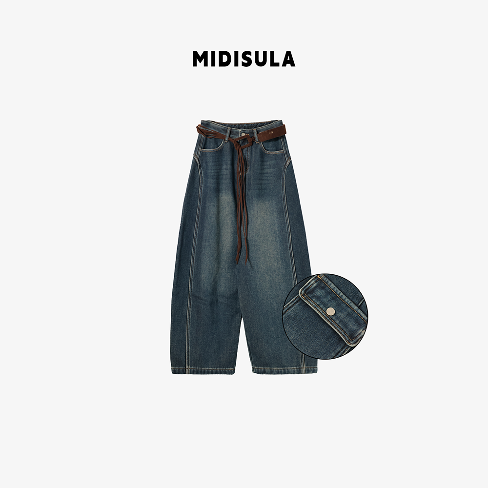 MDSL·欧货时尚复古水洗高腰设计感翻盖简约百搭弯刀牛仔裤#02494