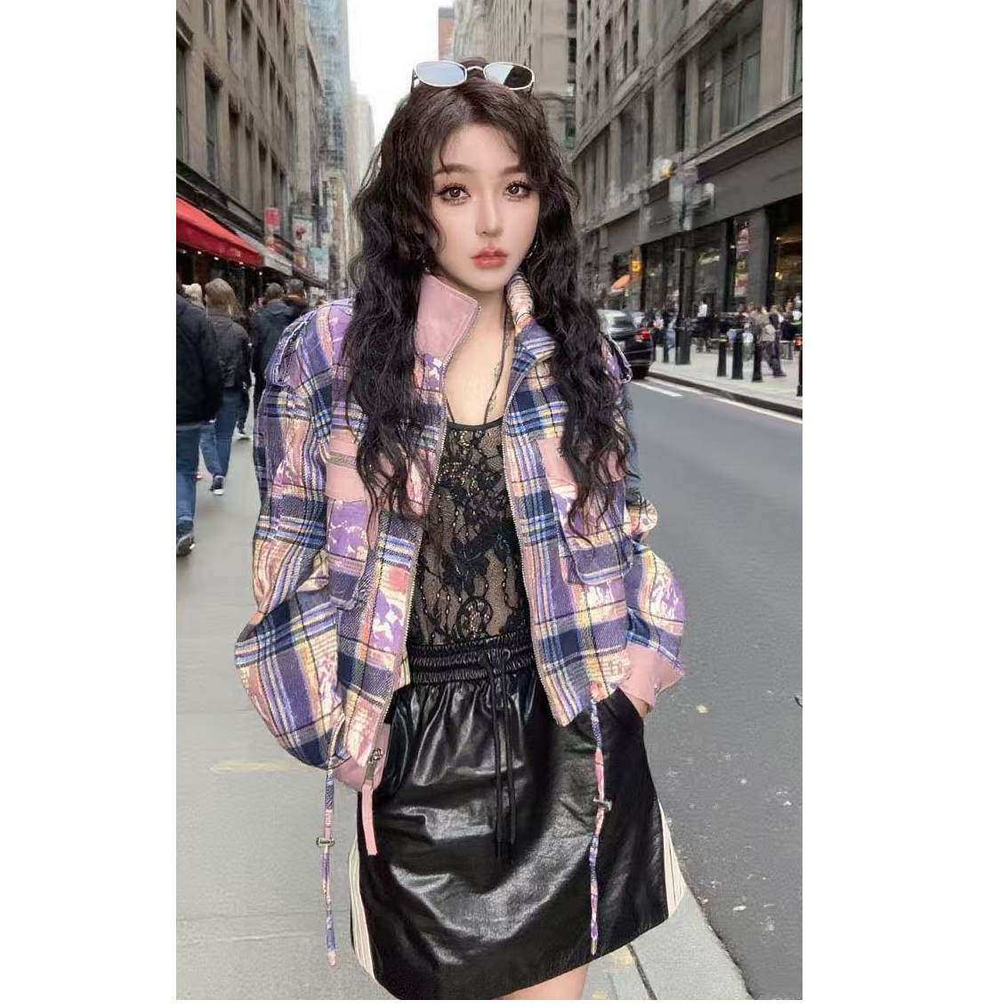 58066紫色宽松型女常规款短外套时尚复古格子清凉感