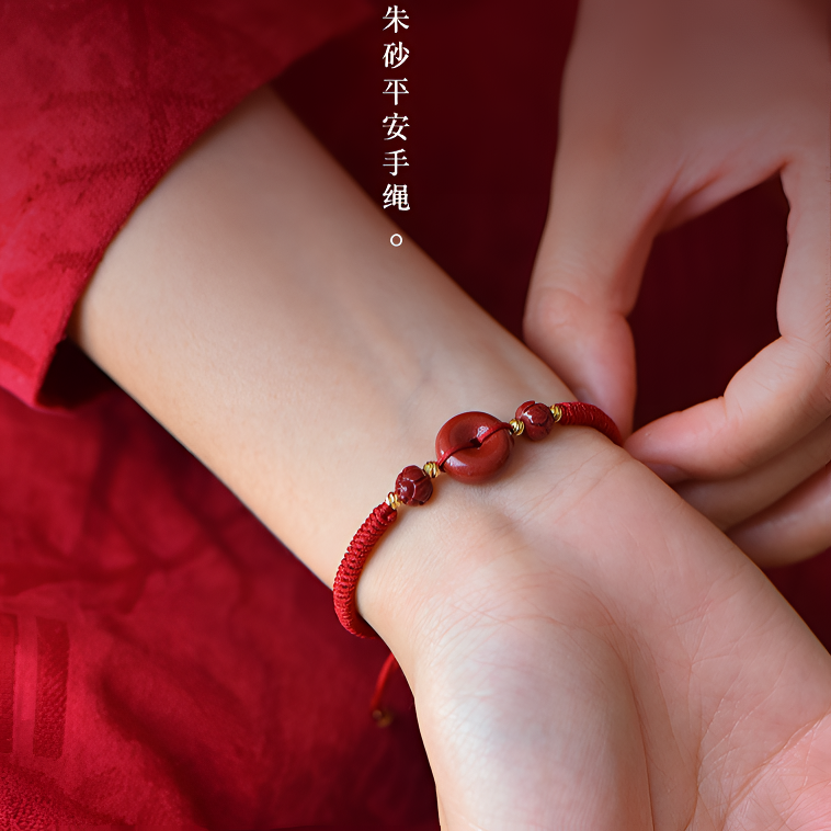 含辰砂工艺品原矿朱砂手串平安扣本命年手绳儿童婴儿红绳手链女款